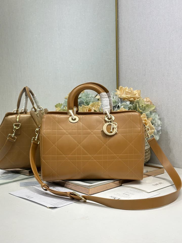 Dior Lady Dior Large Tote Bag in Dark Cognac With Gold Hardware
