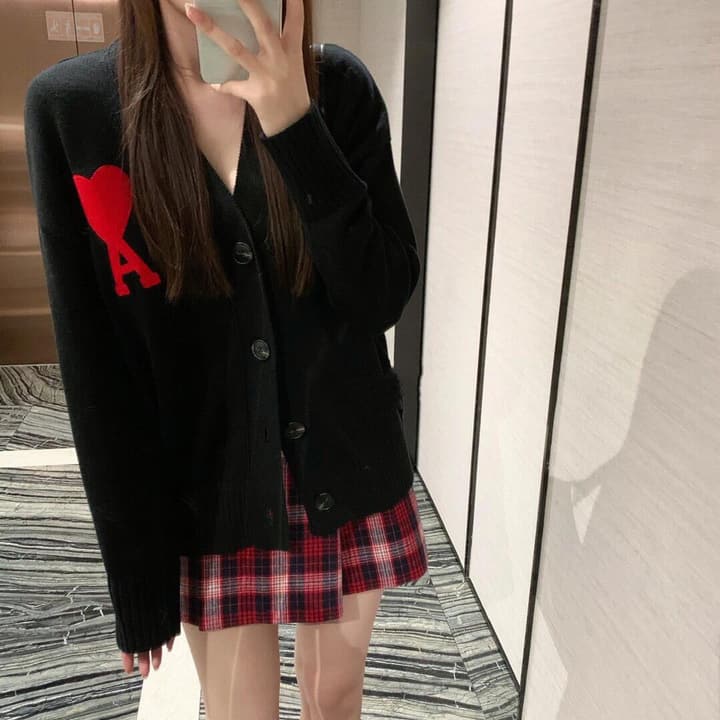 AMI Paris Heart A Knit Cardigan in Black