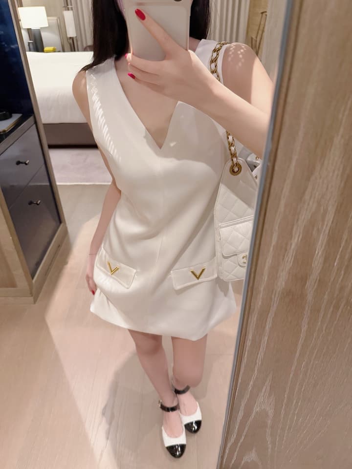 Valentino V-Neck Satin Dress with V Logo Detail in Black