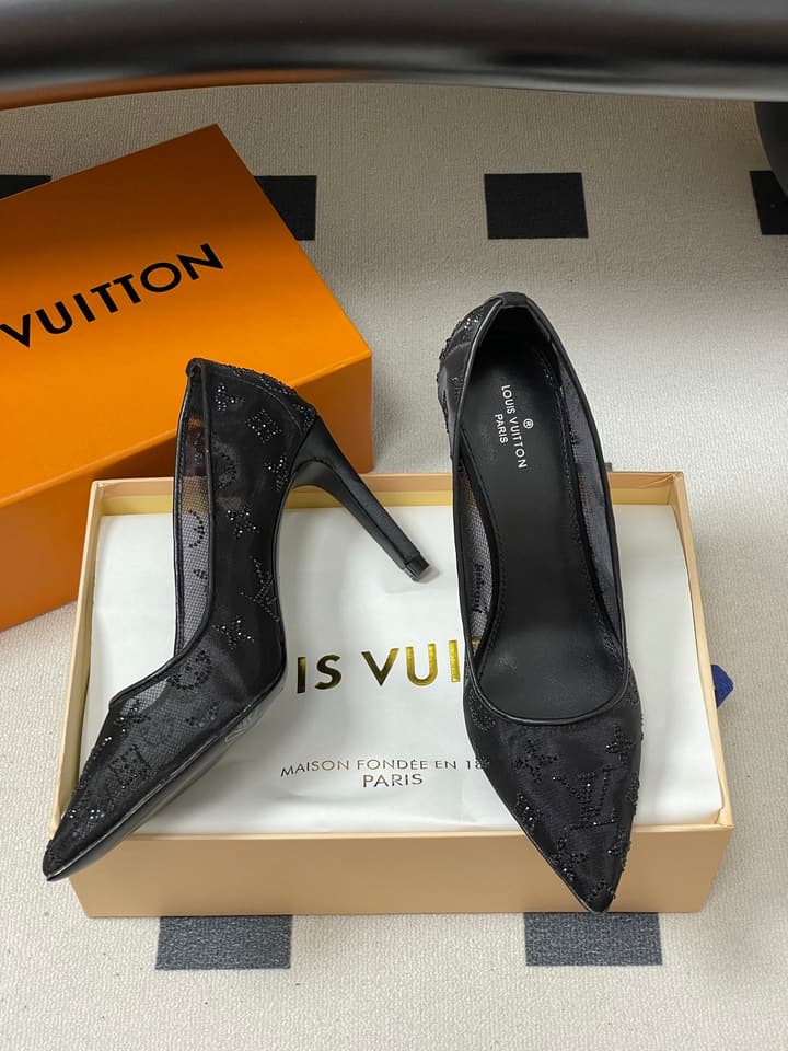 Louis Vuitton Gala Mesh Rhinestone High Heels – 25SS in Beige Monogram Lace
