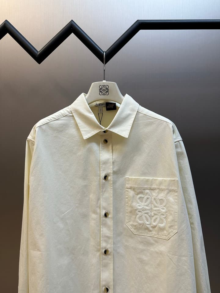Loewe Embroidered Pocket Lyocell Long-Sleeve Shirt in Off-White