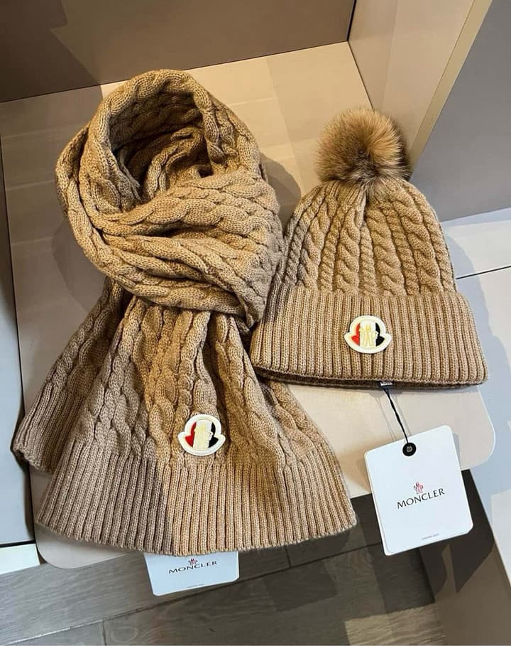 Moncler Knitted Scarf Hat Set in Camel Knit