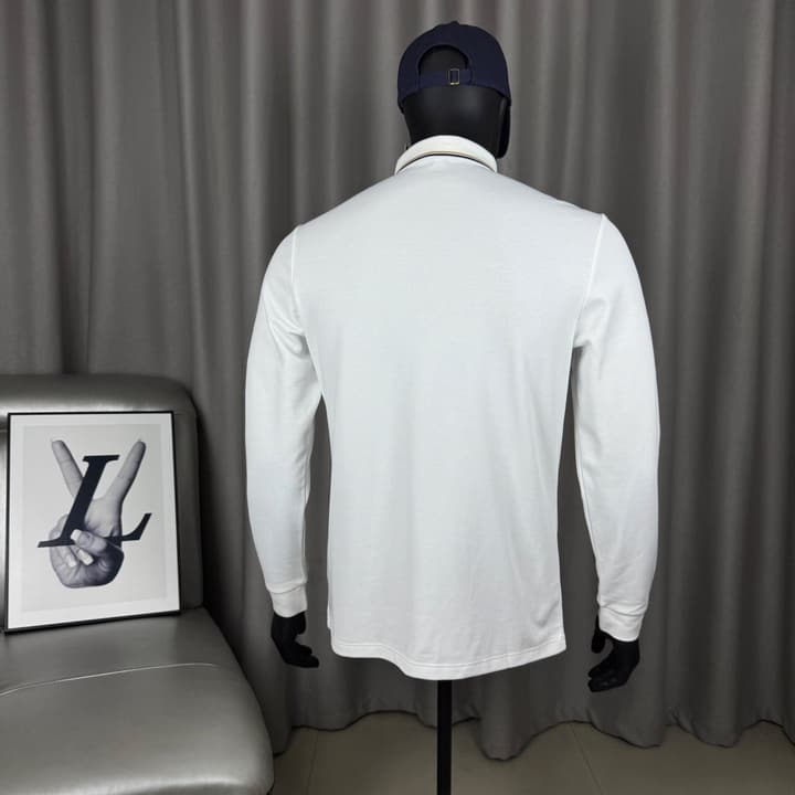 Moncler Classic Striped Collar Embroidered Long Sleeve Polo Shirt – Spring/Autumn Collection in Black With White Tipping (hanger)