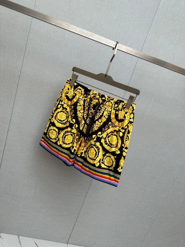 Versace Men's Casual Beach Shorts – 2025SS Collection in Black Gold Baroque Print