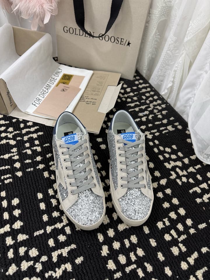 Golden Goose Super Star Rhinestone Leather Sneakers in Grey Suede Black Leather White Star