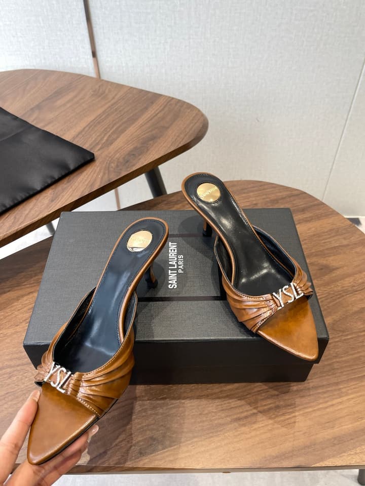 Saint Laurent Pointed Toe Stiletto Heeled Sandals – 26SS in Black - Gold Logo Plaque