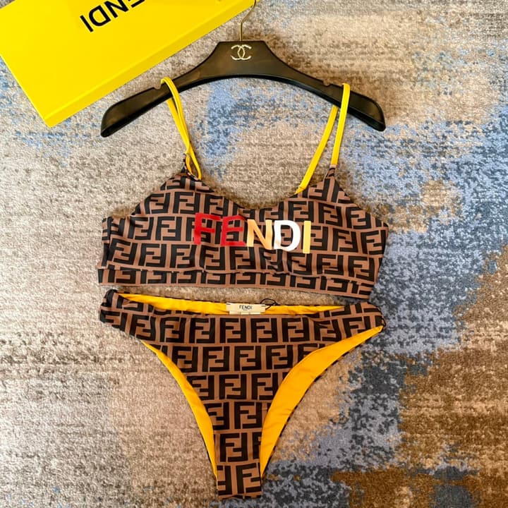 Fendi Versatile One-Piece Bikini Swimsuit in Brown Ff Logo Bikini
