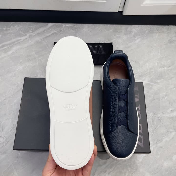 Zegna Triple Stitch Low-Top Sneakers in Navy Blue