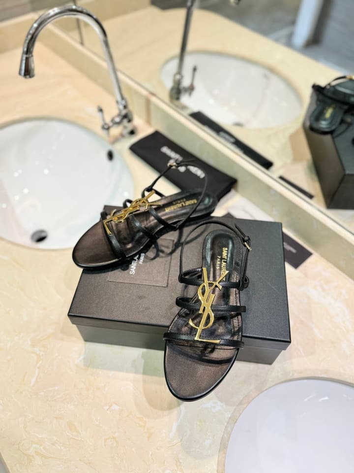 Saint Laurent YSL Metal Logo Heeled Sandals in Matte Black Criss-cross Strap Sandal