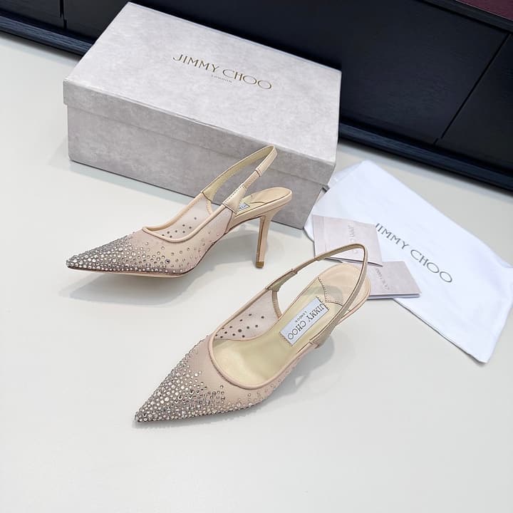 Jimmy Choo Mesh Rhinestone Slingback Heels – Spring/Summer Collection in Pure White