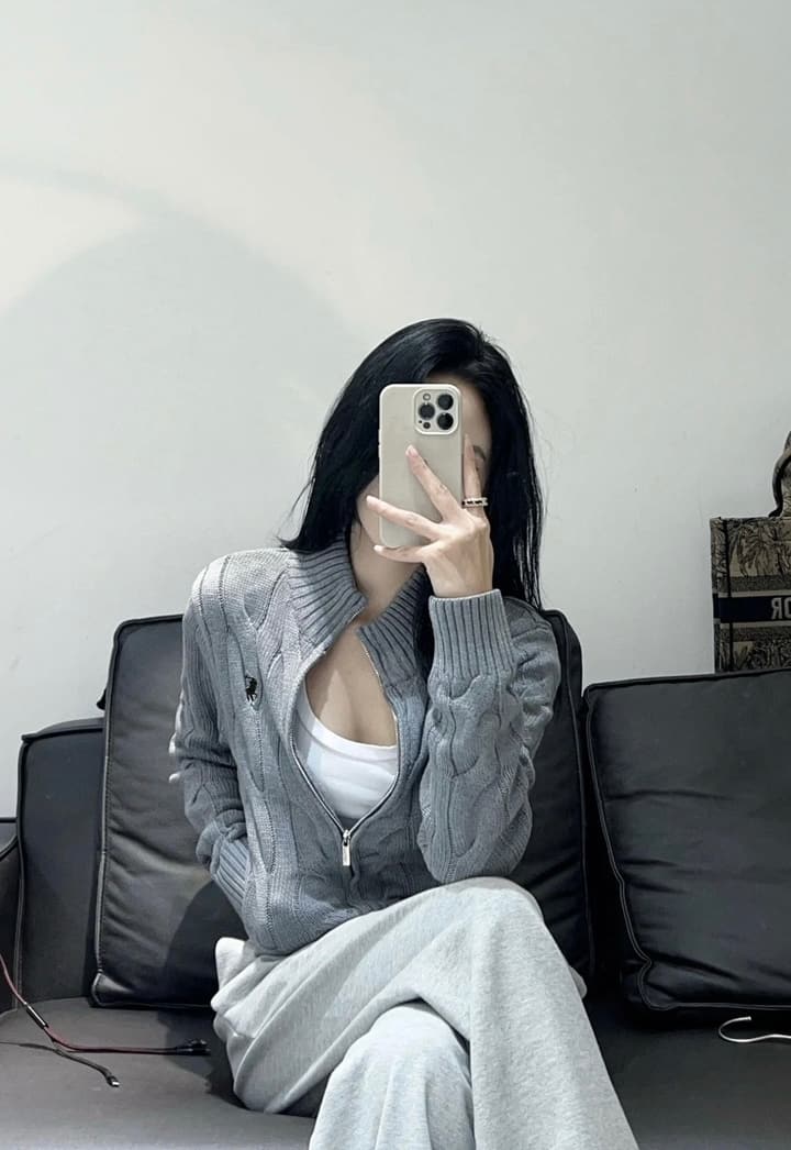 Ralph Lauren Double Zipper Cable Knit Cardigan in Slate Gray