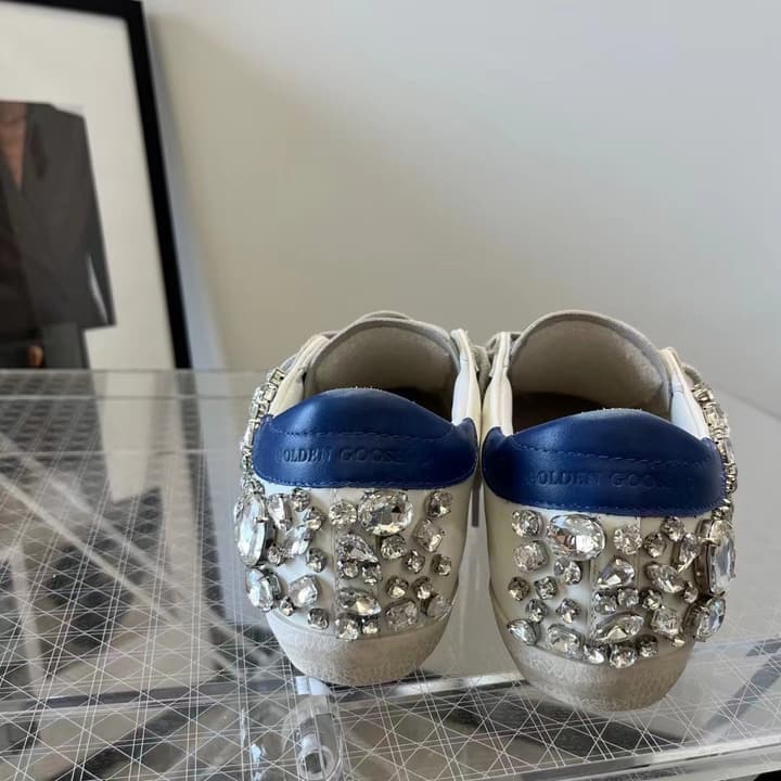 Golden Goose Superstar Diamond Tail Sneakers – 2023 Autumn/Winter in Distressed White With Royal Blue Rhinestone Heel
