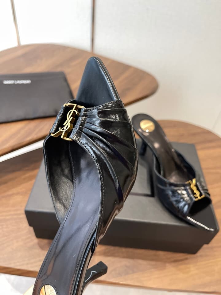 Saint Laurent Pointed Toe Stiletto Heeled Sandals – 26SS in Black - Gold Logo Plaque