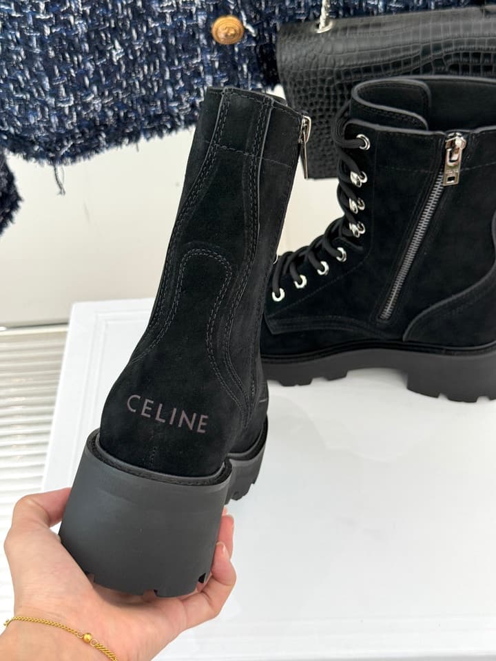 Celine Classic Triomphe Platform Martin Boots in Black Leather