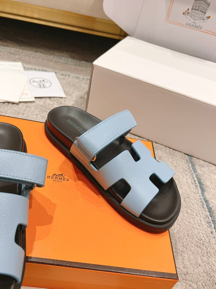 Hermès Chypre Suede Unisex Slides in Black With Dark Blue Strap