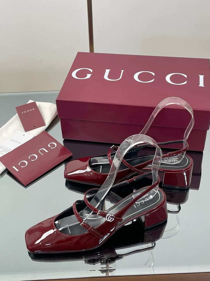 Gucci Crystal Double G Slingback Pumps – 2025 Fall Collection in Burgundy Red