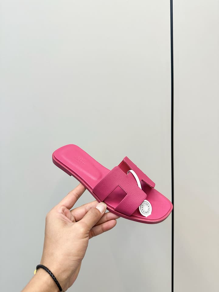Hermès Palm Grain H-Slides in Bright Green