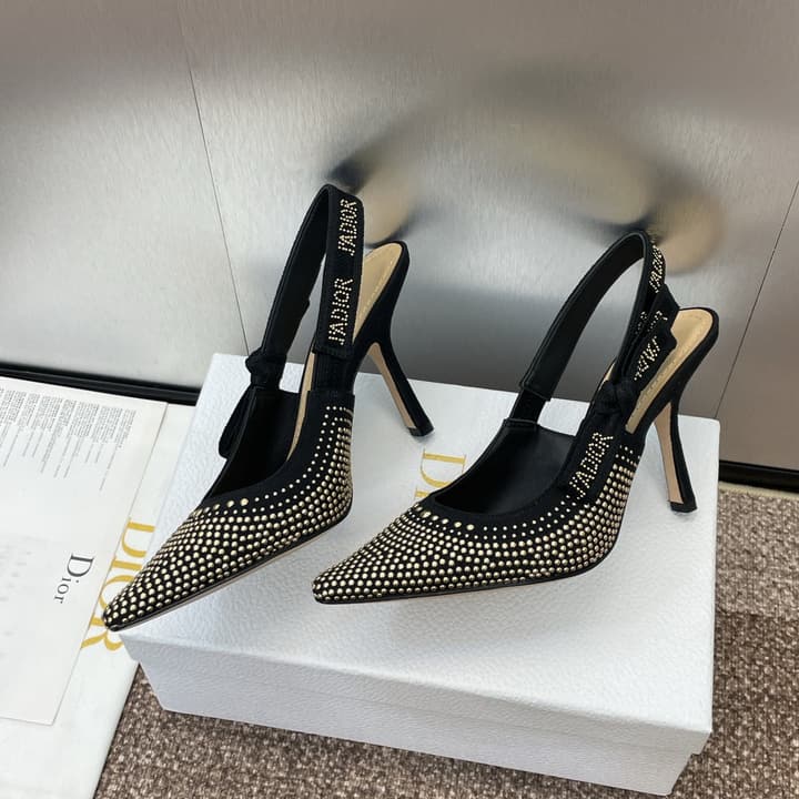 Dior J'Adior Rivet Heeled Sandals – 2024SS in Black Glitter Toe Slingback