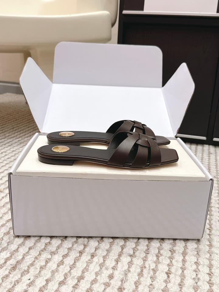 Saint Laurent Melody Square Toe Flat Sandals – 2026SS in Burgundy Patent