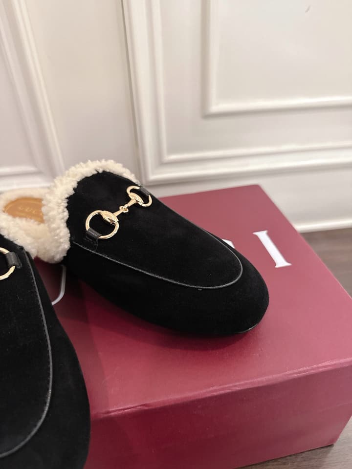 Gucci Princetown Merino Wool Mules in Black Suede With Silver Hardware