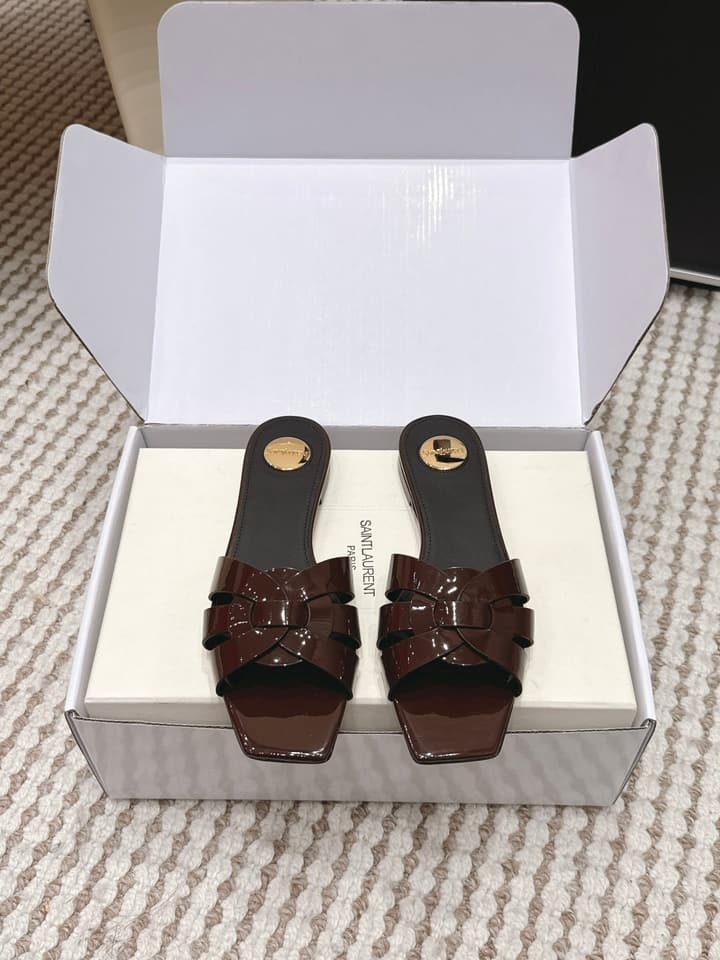 Saint Laurent Melody Square Toe Flat Sandals – 2026SS in Burgundy Patent
