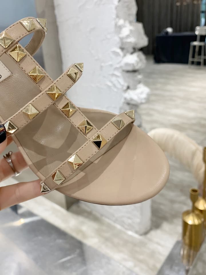 Valentino Rockstud Classic Block Heel Sandals in Nude With Gold Studs