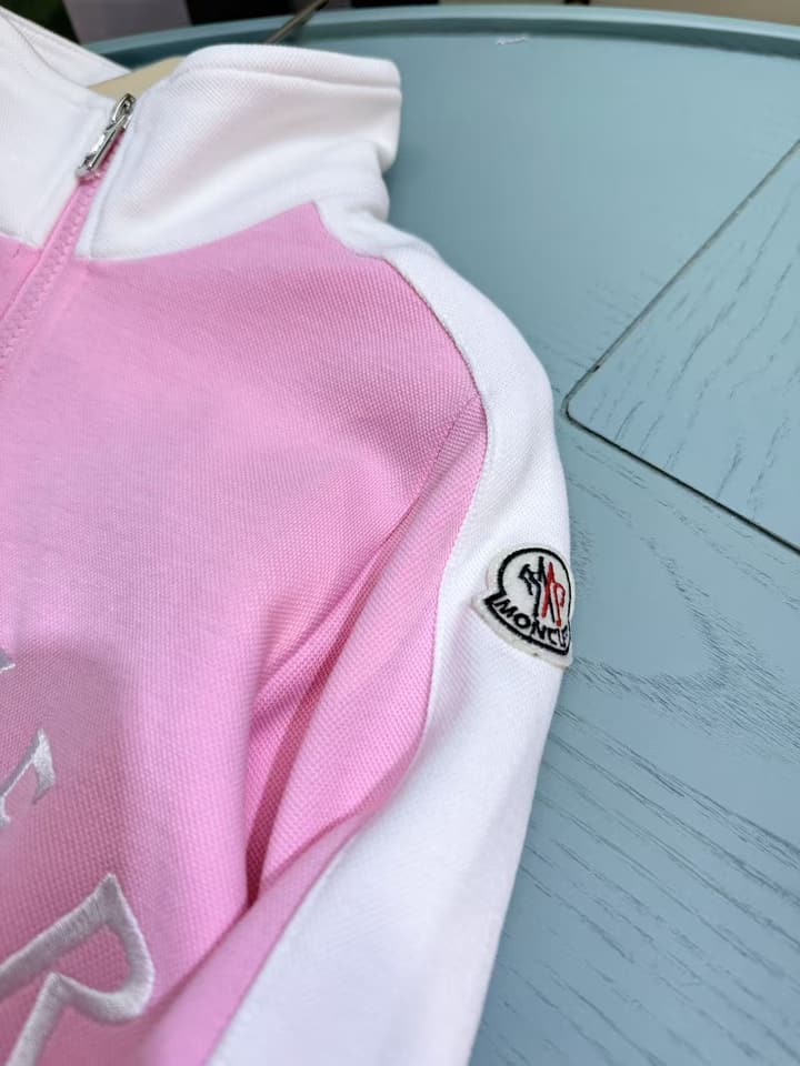 Moncler Kids Stand Collar Embroidered Tracksuit Set – 2025SS – Kids Collection in Light Pink With White Stripes