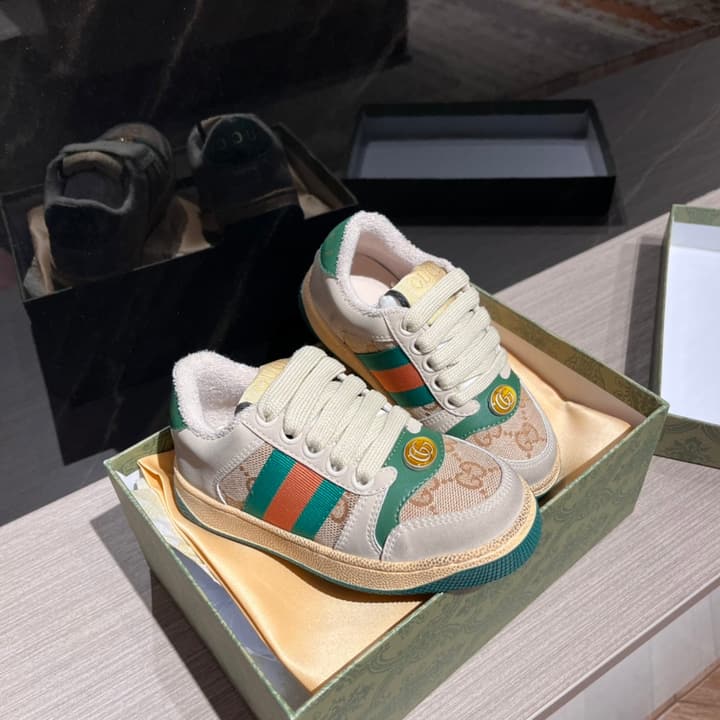 Gucci Rhyton Distressed Kids' Sneakers – Kids Collection – 2023SS in Cream With Blue Flower Design