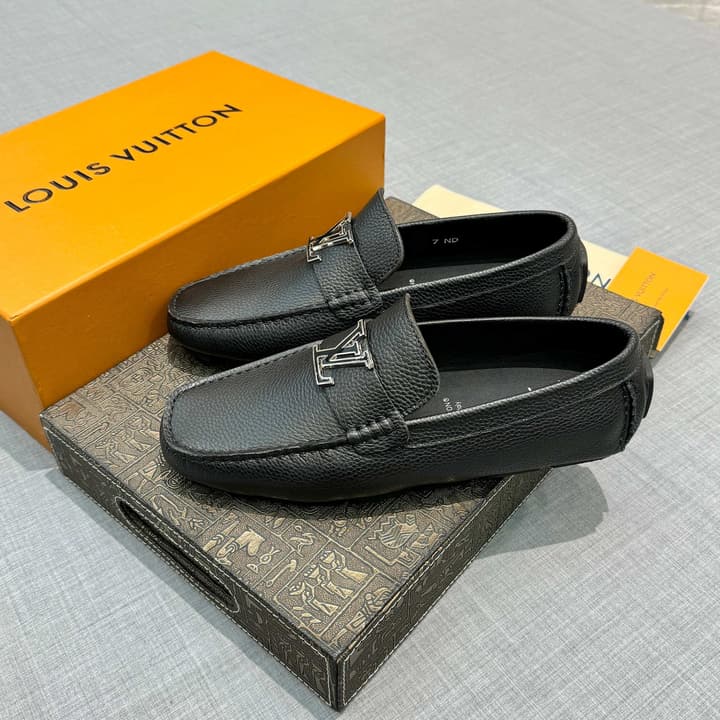 Louis Vuitton Men's Grained Leather Driving Shoes in Dark Gunmetal Hardware