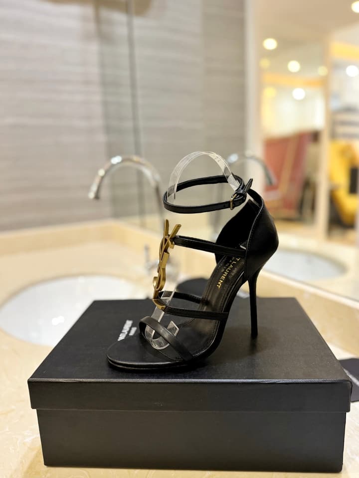 Saint Laurent YSL Logo Lacquer Heeled Sandals in Black Matte With Black Logo