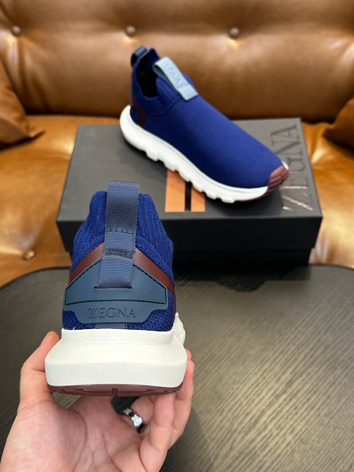 Zegna Techmerino Slip-On Sneakers in Dark Navy With Green Accent