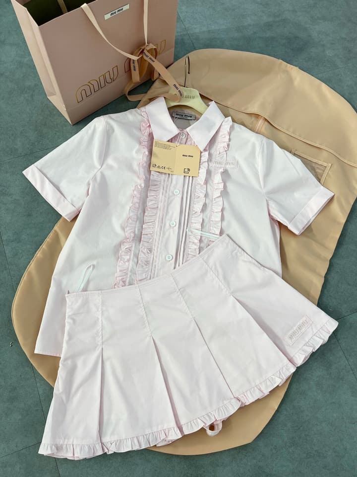 Miu Miu Embroidered Ruffle Shirt and Pleated Skort Set in Pink