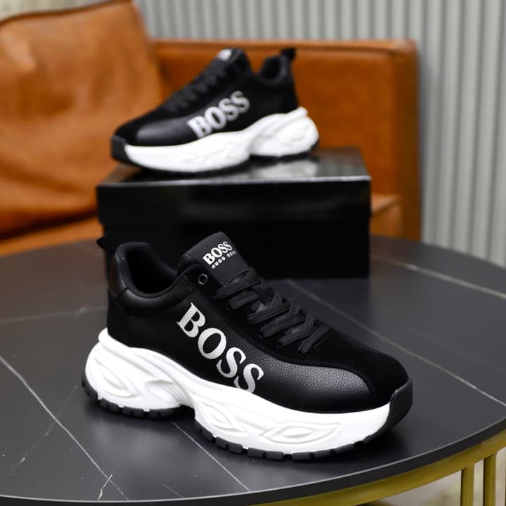 Boss Men's Luxury Running Sneakers in Black Mesh With White Sole