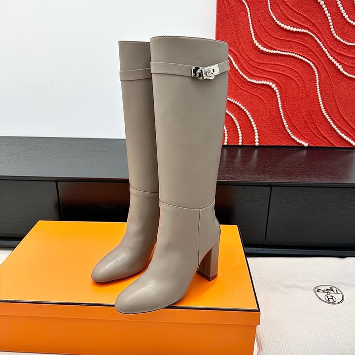 Hermès Kelly Buckle High Heel Knee-High Boots in Black Leather