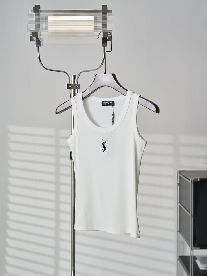 Saint Laurent YSL Embroidered Stretch Tank Top in Black