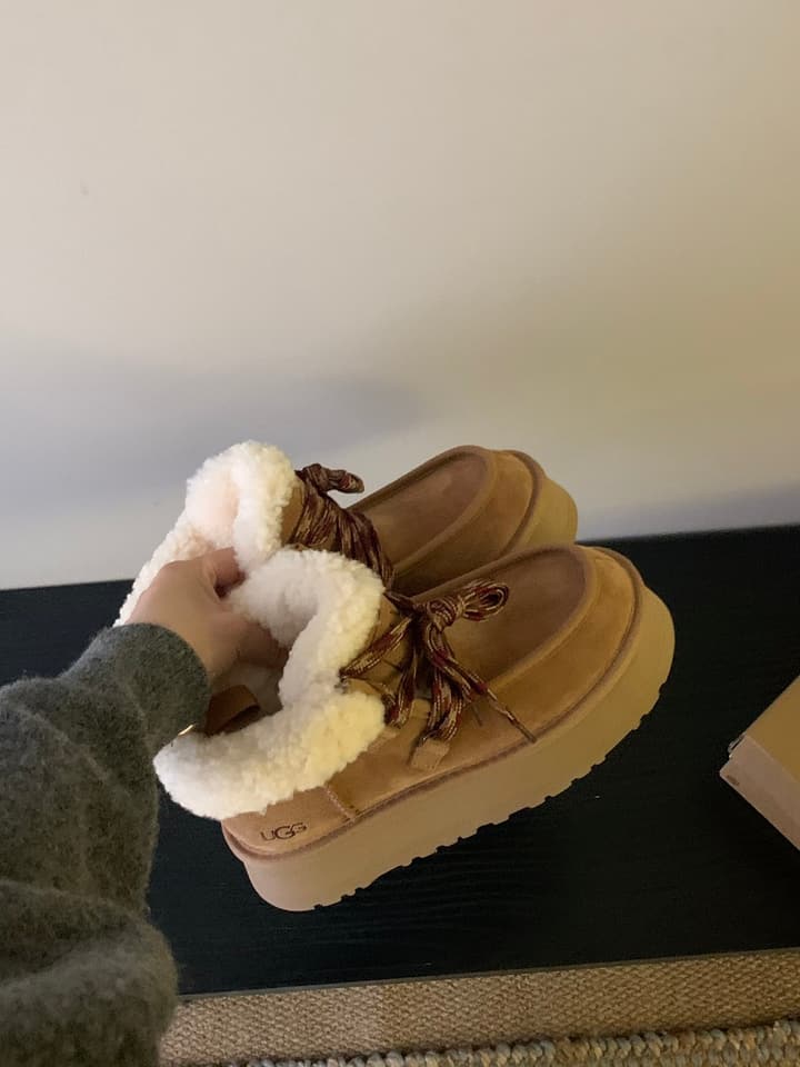 UGG Fluff Lace-Up Ankle Boots in Dark Blue With Gold Chain