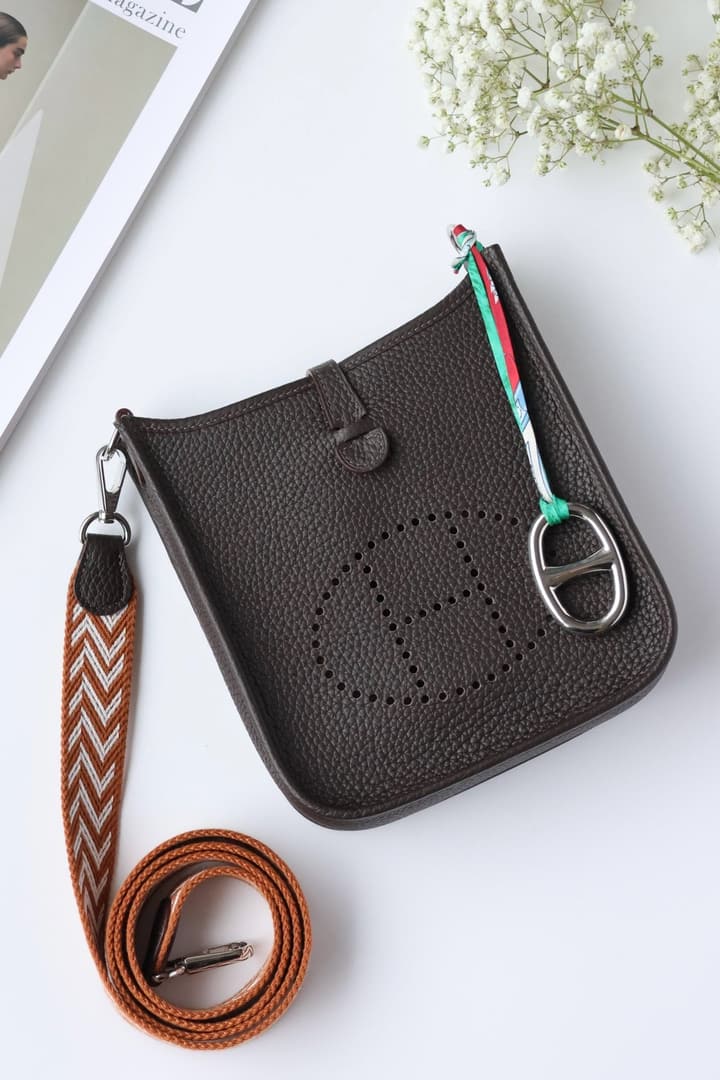 Hermès Ebony Shoulder Bag with Patterned Strap in Ebony With Patterned Strap