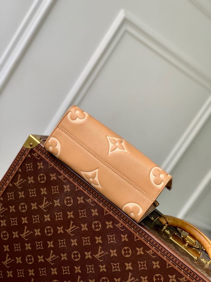 Louis Vuitton OnTheGo Small Tote Bag in Light Tan Embossed Monogram