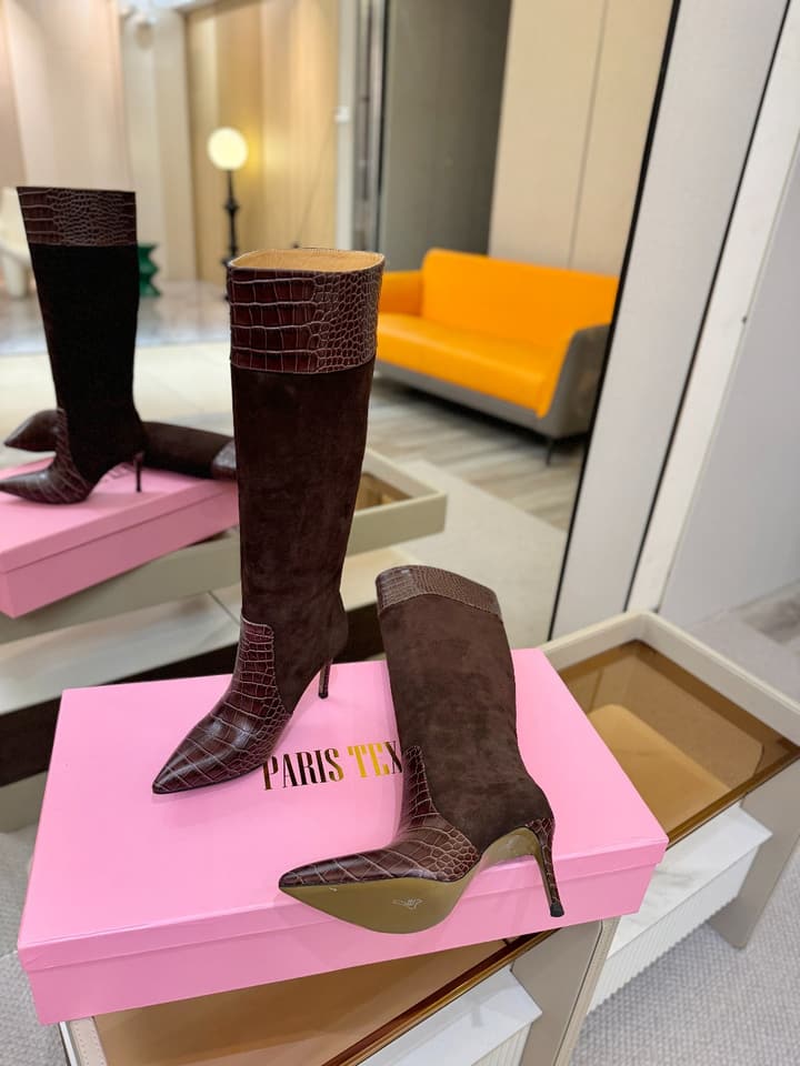 Paris Texas Crocodile Embossed Stiletto Knee-High Boots in Black Suede And Leather