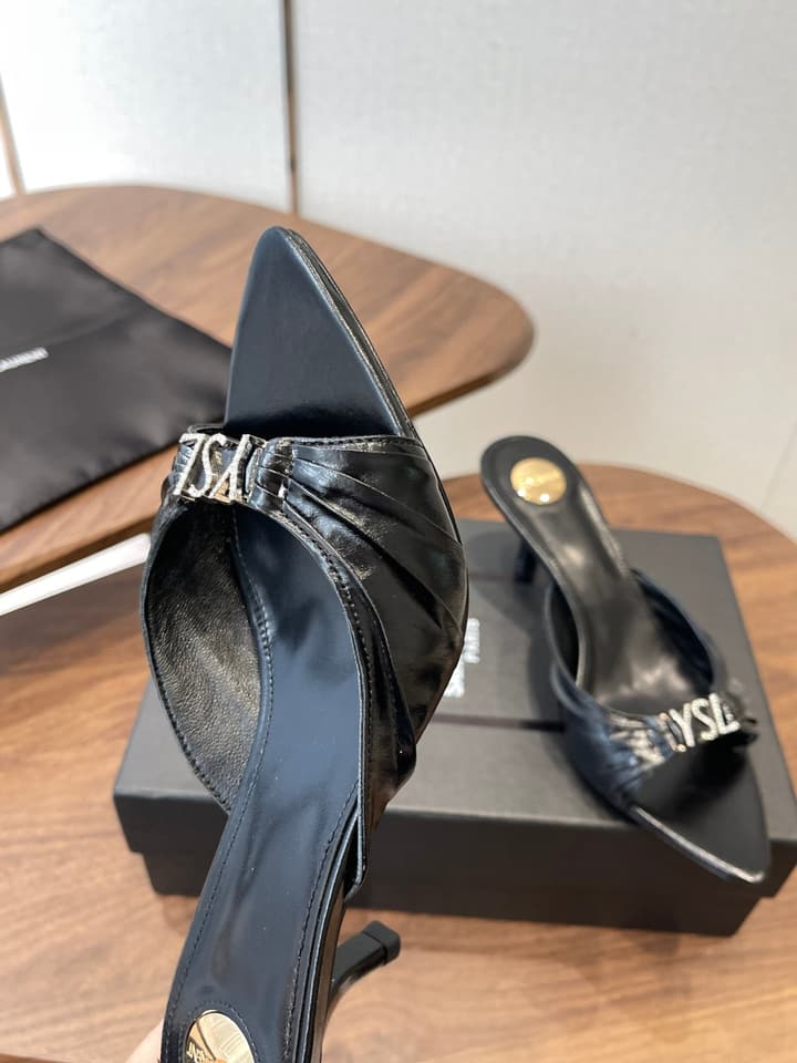 Saint Laurent Pointed Toe Stiletto Heeled Sandals – 26SS in Black - Gold Logo Plaque