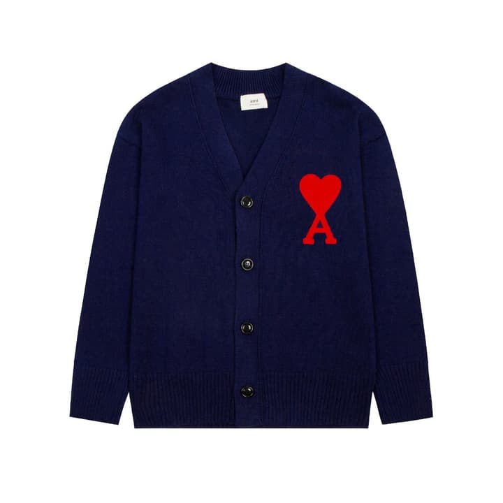 Ami Paris Classic Heart Embroidered Cardigan Sweater in Black