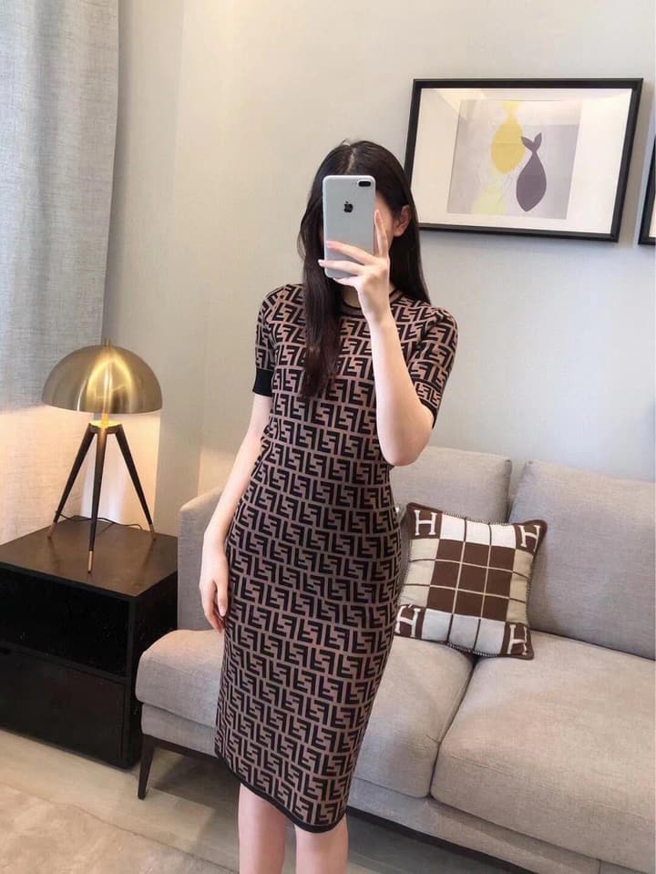 Fendi Double F Monogram Jacquard Knit Dress in Coffee Monogram Knit Dress