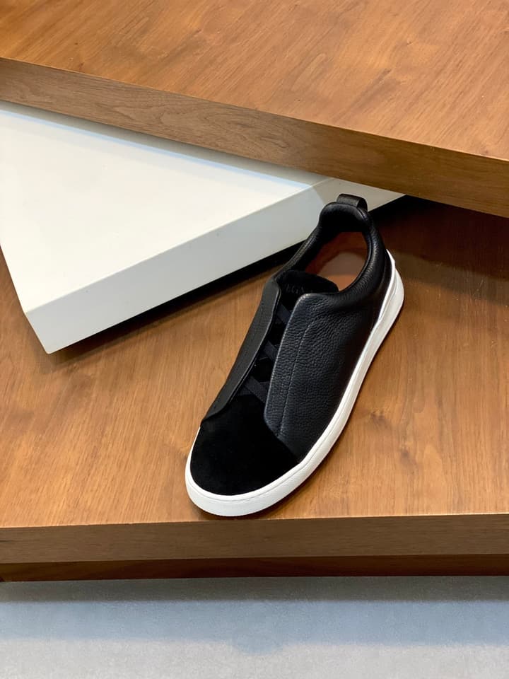 Ermenegildo Zegna Triple Stitch Sneakers in Black Leather With Brown Tag