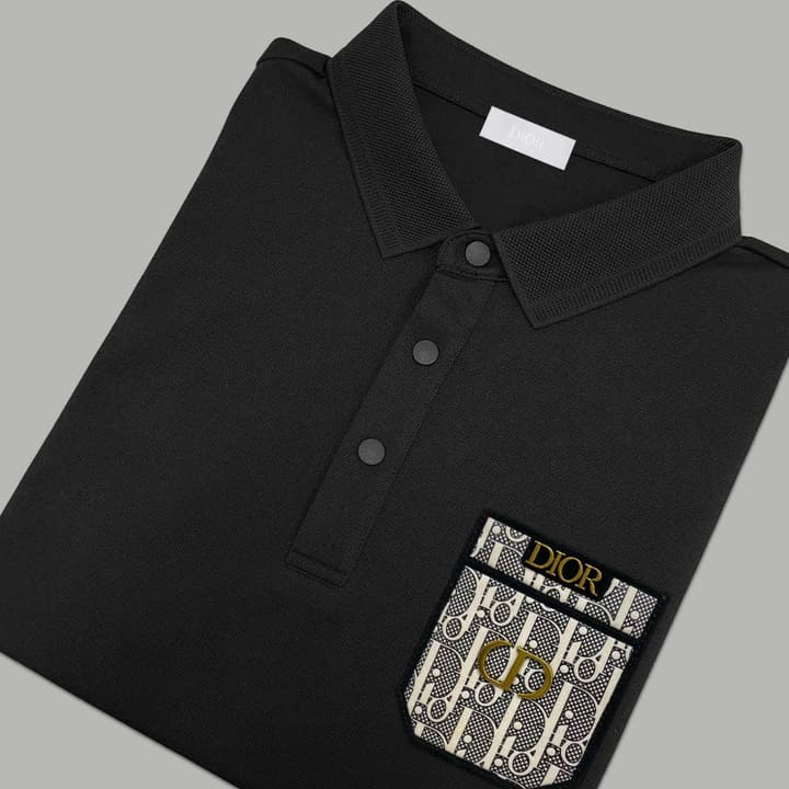 Dior Silk Long Sleeve Polo Shirt with Metal Patch in White With Solid Pocket