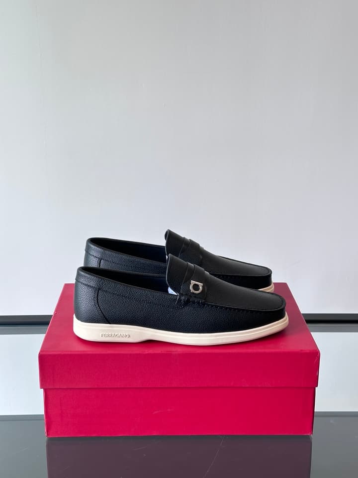 Ferragamo Men's Imported Calfskin Driving Shoes in Classic Black Leather