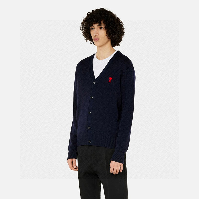AMI Paris Heart Logo V-Neck Cardigan Sweater – 25SS