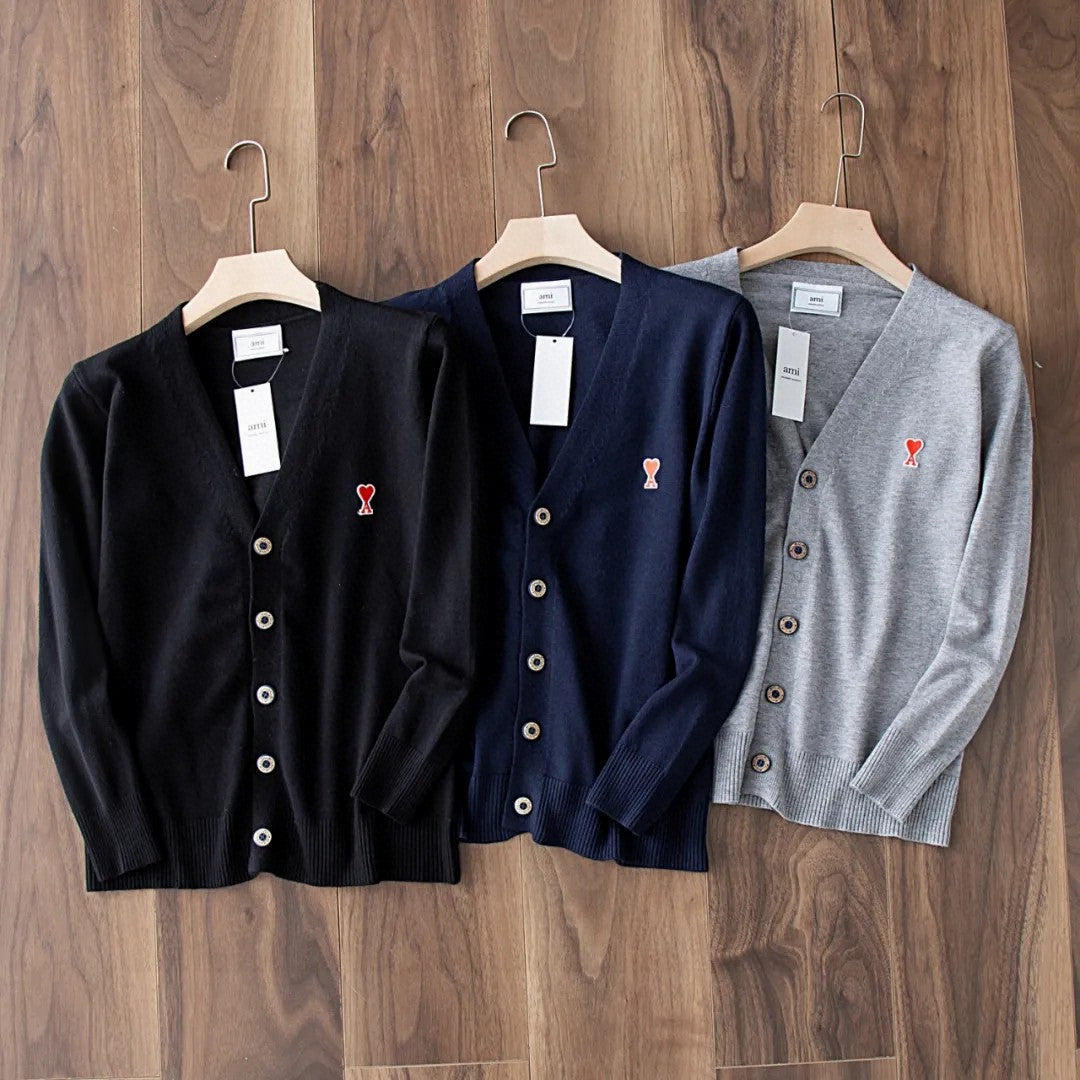 AMI Paris Heart Logo V-Neck Cardigan Sweater – 25SS