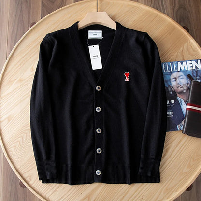 AMI Paris Heart Logo V-Neck Cardigan Sweater – 25SS