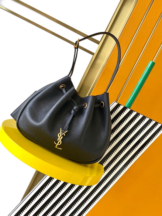 Saint Laurent Grained Leather Small Hobo Bag with Cassandre