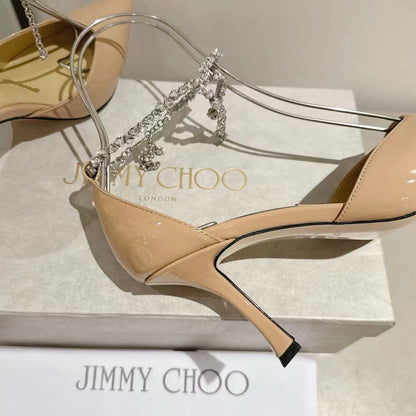 Jimmy Choo Rhinestone Cross-Strap Kitten Heels – 2025 Spring/Summer Collection